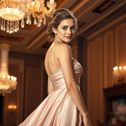 an elegant young woman, showcasing grace and sophistication, wearing a flowing evening gown made of delicate silk and lace