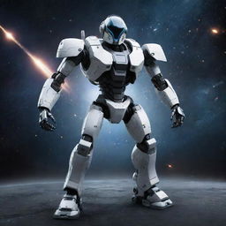 A futuristic space battle robot, equipped with advanced weaponry and shield, in a dynamic pose amidst a star-studded galaxy backdrop