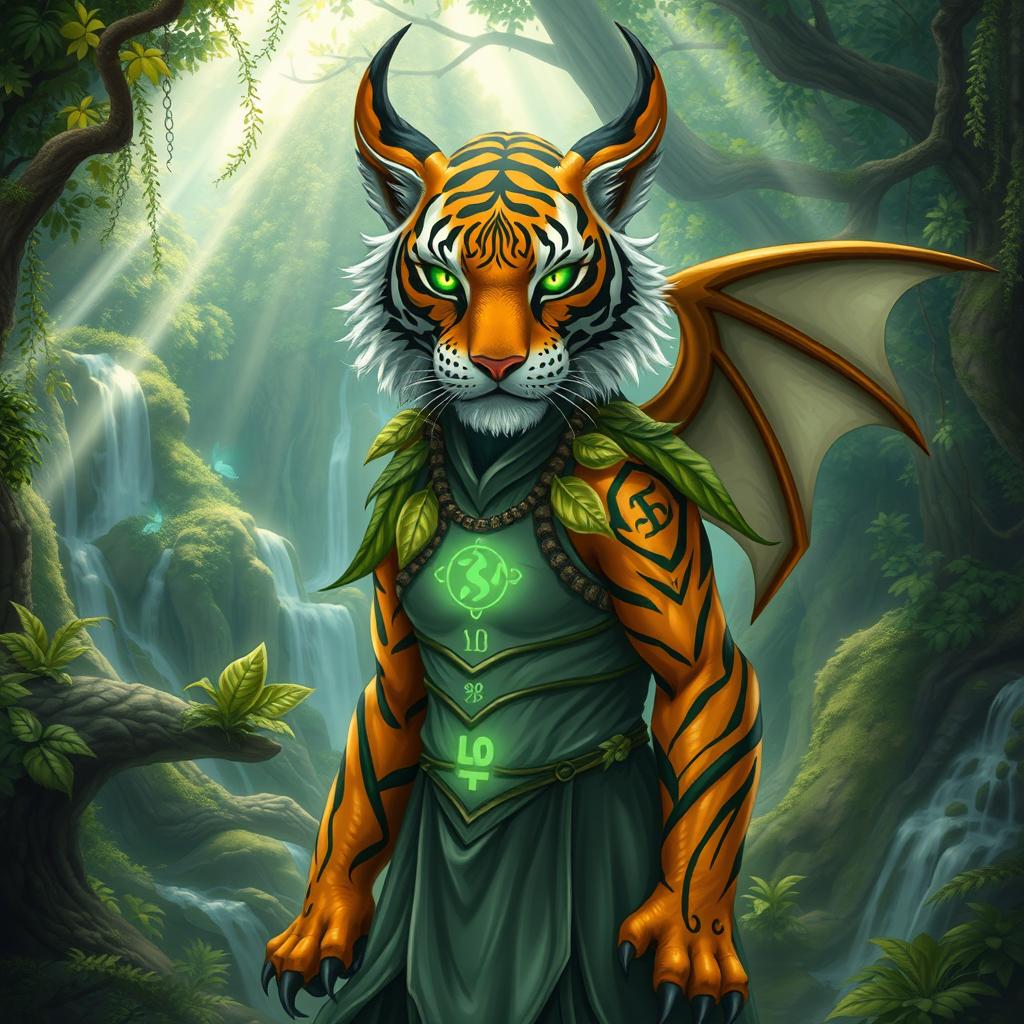 a mystical druid with the features of both a tiger and a dragon, standing in an enchanted forest