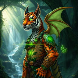 a mystical druid with the features of both a tiger and a dragon, standing in an enchanted forest