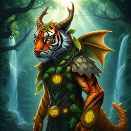 a mystical druid with the features of both a tiger and a dragon, standing in an enchanted forest