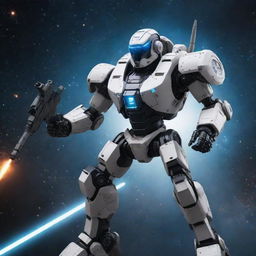 A futuristic space battle robot, equipped with advanced weaponry and shield, in a dynamic pose amidst a star-studded galaxy backdrop