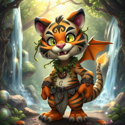 a mischievous druid with playful features of both a tiger and a dragon, standing in an enchanted forest