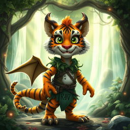 a mischievous druid with playful features of both a tiger and a dragon, standing in an enchanted forest