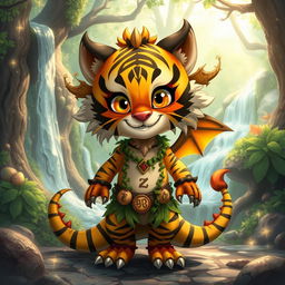 a mischievous druid with playful features of both a tiger and a dragon, standing in an enchanted forest