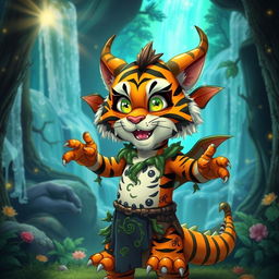 a mischievous druid with playful features of both a tiger and a dragon, standing in an enchanted forest