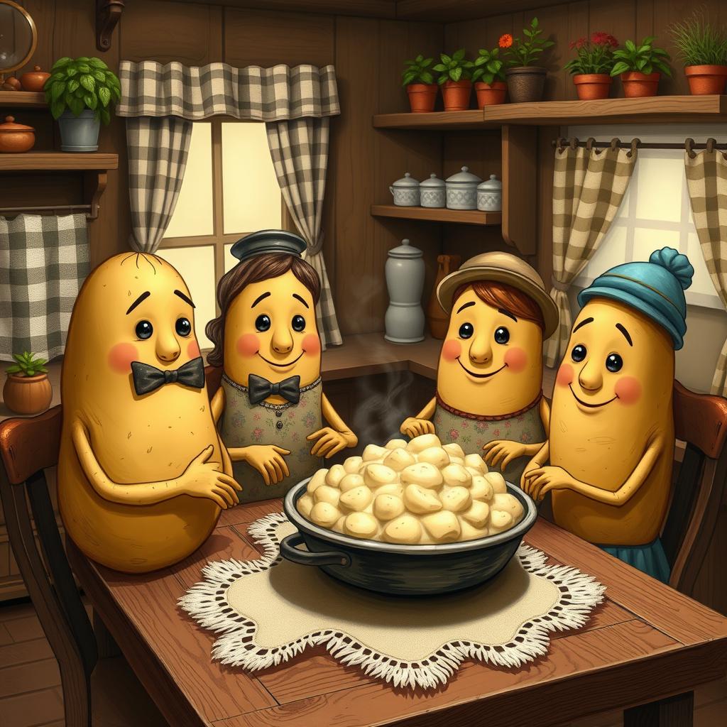 A charming, anthropomorphic family of potatoes with smiling faces, wearing clothing suitable for each family member like a bow tie for the father potato, a dress with floral patterns for the mother potato, and small accessories like hats or scarfs for the potato children