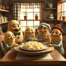 A charming, anthropomorphic family of potatoes with smiling faces, wearing clothing suitable for each family member like a bow tie for the father potato, a dress with floral patterns for the mother potato, and small accessories like hats or scarfs for the potato children