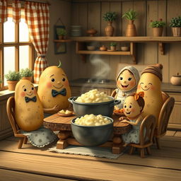 A charming, anthropomorphic family of potatoes with smiling faces, wearing clothing suitable for each family member like a bow tie for the father potato, a dress with floral patterns for the mother potato, and small accessories like hats or scarfs for the potato children