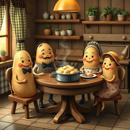 A charming, anthropomorphic family of potatoes with smiling faces, wearing clothing suitable for each family member like a bow tie for the father potato, a dress with floral patterns for the mother potato, and small accessories like hats or scarfs for the potato children