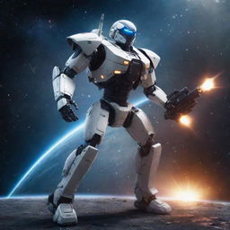 A futuristic space battle robot, equipped with advanced weaponry and shield, in a dynamic pose amidst a star-studded galaxy backdrop