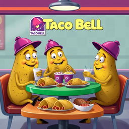 A whimsical scene featuring a family of anthropomorphic potatoes enjoying a meal at Taco Bell