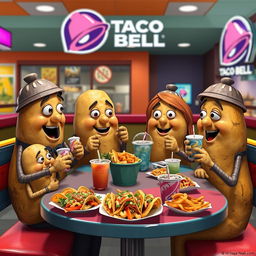 A whimsical scene featuring a family of anthropomorphic potatoes enjoying a meal at Taco Bell