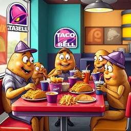 A whimsical scene featuring a family of anthropomorphic potatoes enjoying a meal at Taco Bell