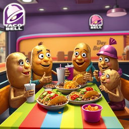 A whimsical scene featuring a family of anthropomorphic potatoes enjoying a meal at Taco Bell