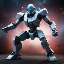 A futuristic space battle robot, equipped with advanced weaponry and shield, in a dynamic pose amidst a star-studded galaxy backdrop