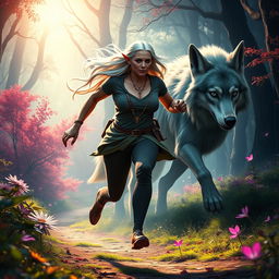 A mature elf woman with a robust physique jogging through a magical forest, her movements are swift and purposeful as she runs from a large, mystical wolf