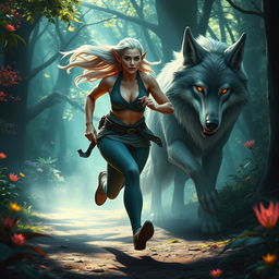 A mature elf woman with a robust physique jogging through a magical forest, her movements are swift and purposeful as she runs from a large, mystical wolf