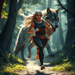 A mature elf woman with a robust physique jogging through a magical forest, her movements are swift and purposeful as she runs from a large, mystical wolf