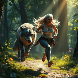 A mature elf woman with a robust physique jogging through a magical forest, her movements are swift and purposeful as she runs from a large, mystical wolf