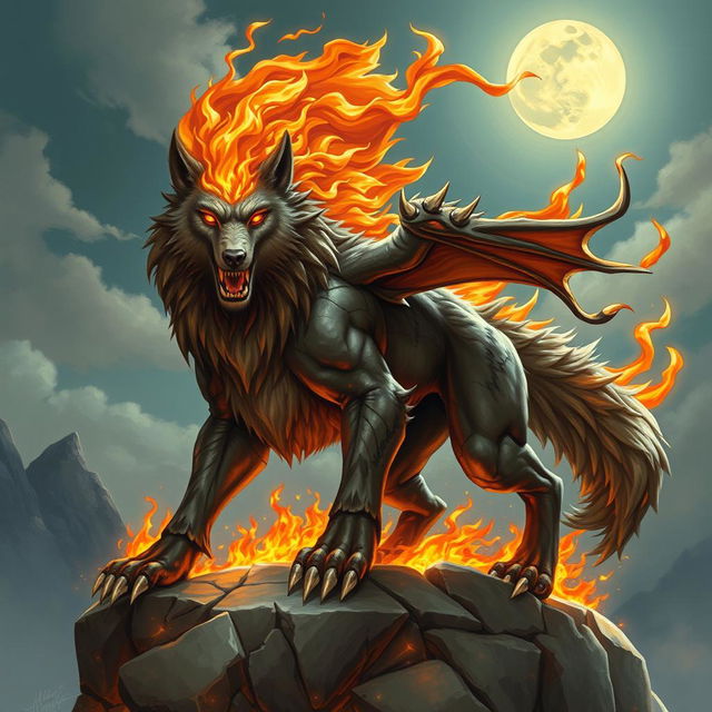 A mythical creature named 'Wolfangus', featuring a powerful wolf with dragon-like wings and a mane made of flames