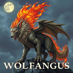 A mythical creature named 'Wolfangus', featuring a powerful wolf with dragon-like wings and a mane made of flames