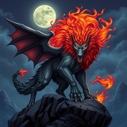 A mythical creature named 'Wolfangus', featuring a powerful wolf with dragon-like wings and a mane made of flames