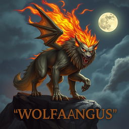 A mythical creature named 'Wolfangus', featuring a powerful wolf with dragon-like wings and a mane made of flames