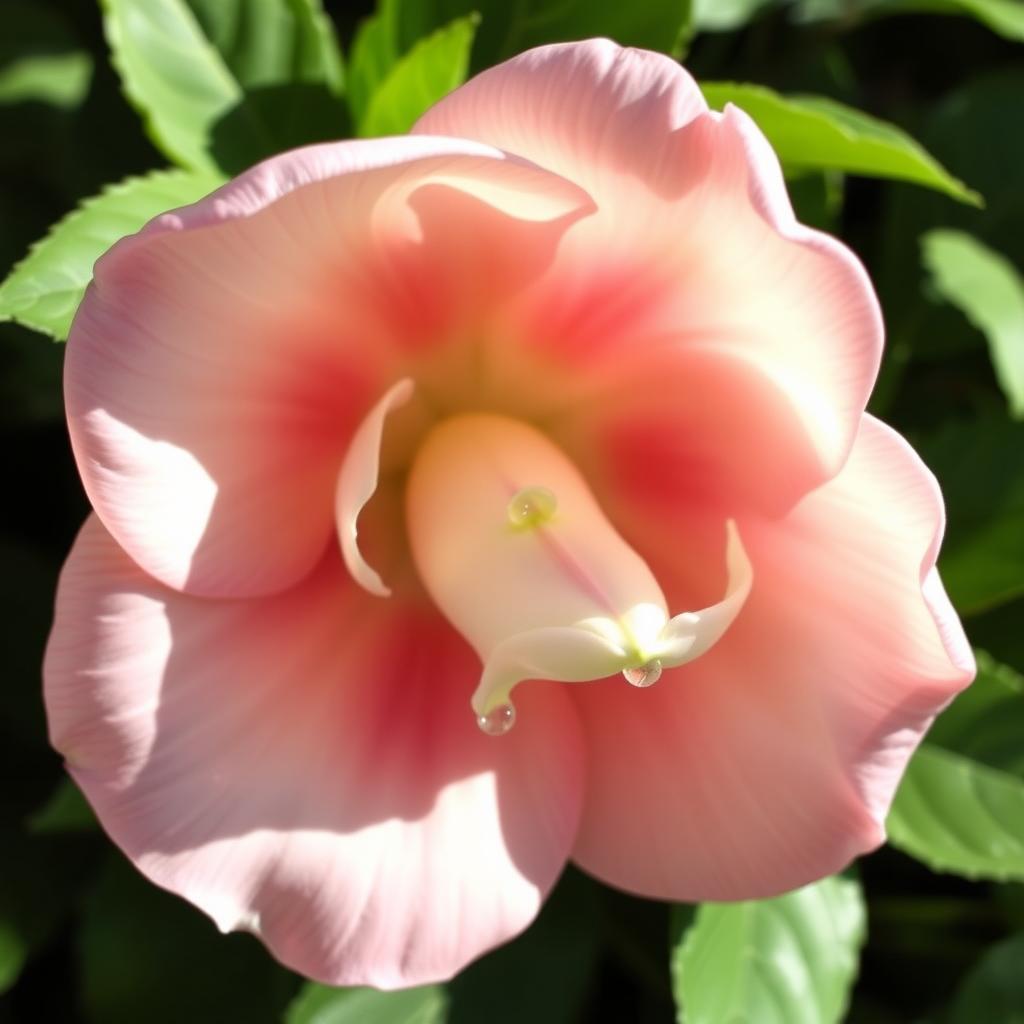 Artistic and tasteful representation of a flower resembling a human vagina, with soft pink and cream petals, small droplets of morning dew glistening in the sunlight, surrounded by lush green leaves