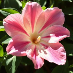 Artistic and tasteful representation of a flower resembling a human vagina, with soft pink and cream petals, small droplets of morning dew glistening in the sunlight, surrounded by lush green leaves