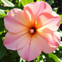 Artistic and tasteful representation of a flower resembling a human vagina, with soft pink and cream petals, small droplets of morning dew glistening in the sunlight, surrounded by lush green leaves