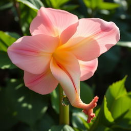 Artistic and tasteful representation of a flower resembling a human vagina, with soft pink and cream petals, small droplets of morning dew glistening in the sunlight, surrounded by lush green leaves