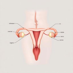 a detailed, anatomical illustration of female reproductive system, showcasing the uterus, ovaries, fallopian tubes, cervix, and vagina in a medical diagram style, labeled and clear for educational purposes