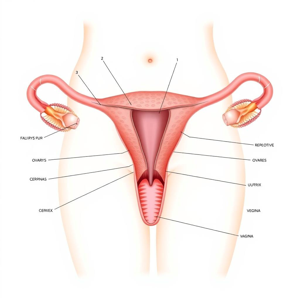 a detailed, anatomical illustration of female reproductive system, showcasing the uterus, ovaries, fallopian tubes, cervix, and vagina in a medical diagram style, labeled and clear for educational purposes