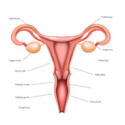 a detailed, anatomical illustration of female reproductive system, showcasing the uterus, ovaries, fallopian tubes, cervix, and vagina in a medical diagram style, labeled and clear for educational purposes