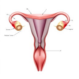 a detailed, anatomical illustration of female reproductive system, showcasing the uterus, ovaries, fallopian tubes, cervix, and vagina in a medical diagram style, labeled and clear for educational purposes