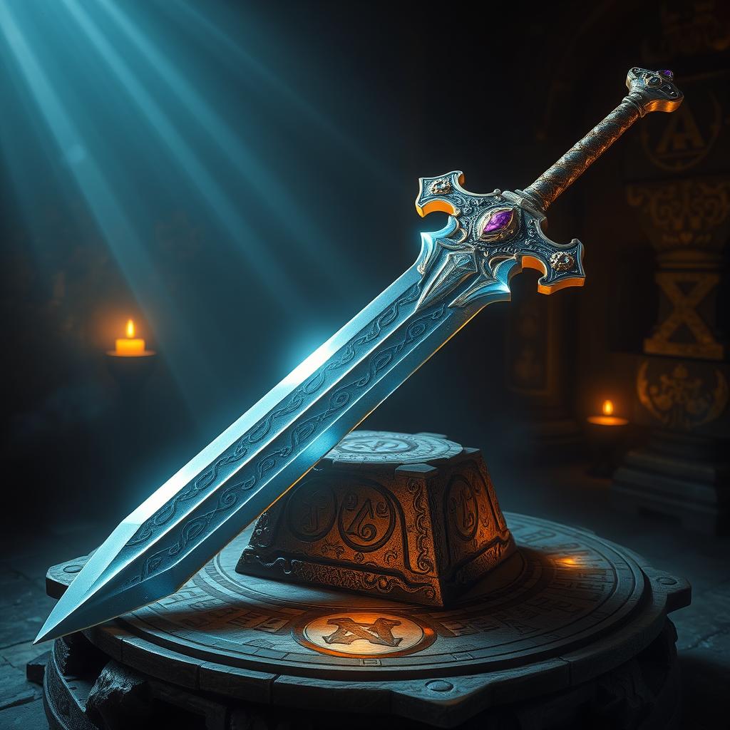 A majestic, legendary sword with intricate engravings and a shimmering blade, resting on an ancient stone pedestal surrounded by glowing runes and mystical symbols