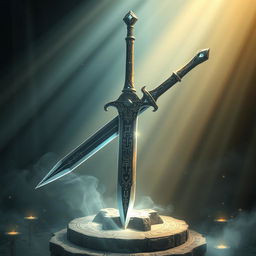 A majestic, legendary sword with intricate engravings and a shimmering blade, resting on an ancient stone pedestal surrounded by glowing runes and mystical symbols