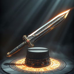 A majestic, legendary sword with intricate engravings and a shimmering blade, resting on an ancient stone pedestal surrounded by glowing runes and mystical symbols