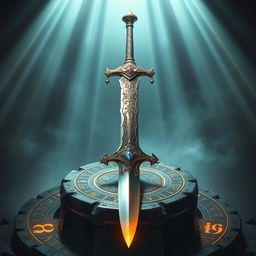 A majestic, legendary sword with intricate engravings and a shimmering blade, resting on an ancient stone pedestal surrounded by glowing runes and mystical symbols