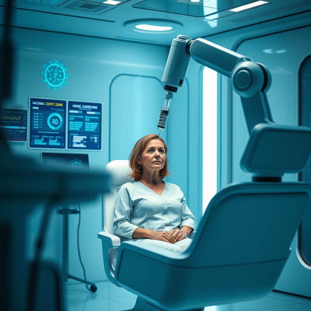 A futuristic medical scene showcasing a vaccine being administered by a sleek robotic arm in a sterile, high-tech clinic