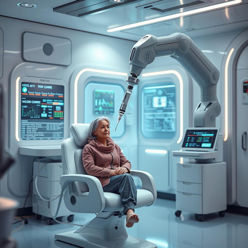 A futuristic medical scene showcasing a vaccine being administered by a sleek robotic arm in a sterile, high-tech clinic