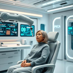 A futuristic medical scene showcasing a vaccine being administered by a sleek robotic arm in a sterile, high-tech clinic