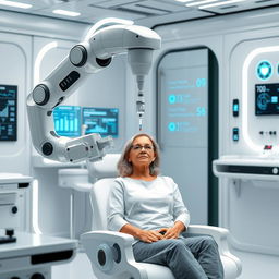 A futuristic medical scene showcasing a vaccine being administered by a sleek robotic arm in a sterile, high-tech clinic