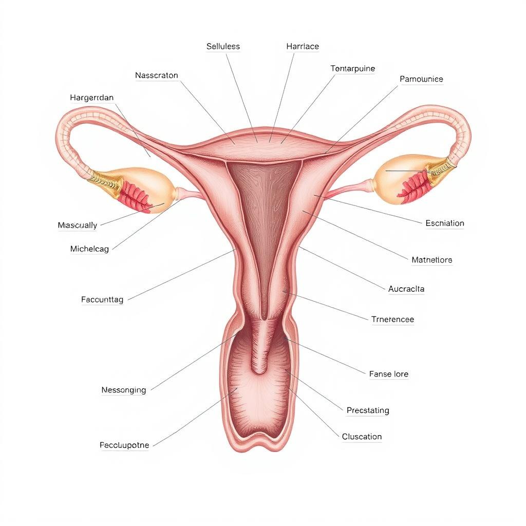 A detailed and educational anatomical illustration of the female reproductive system, focusing on the intricate details to provide a clear understanding of each part