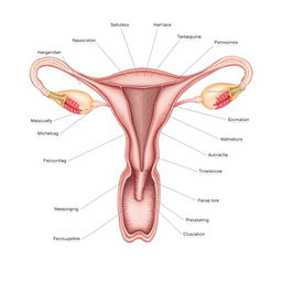 A detailed and educational anatomical illustration of the female reproductive system, focusing on the intricate details to provide a clear understanding of each part