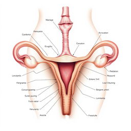 A detailed and educational anatomical illustration of the female reproductive system, focusing on the intricate details to provide a clear understanding of each part