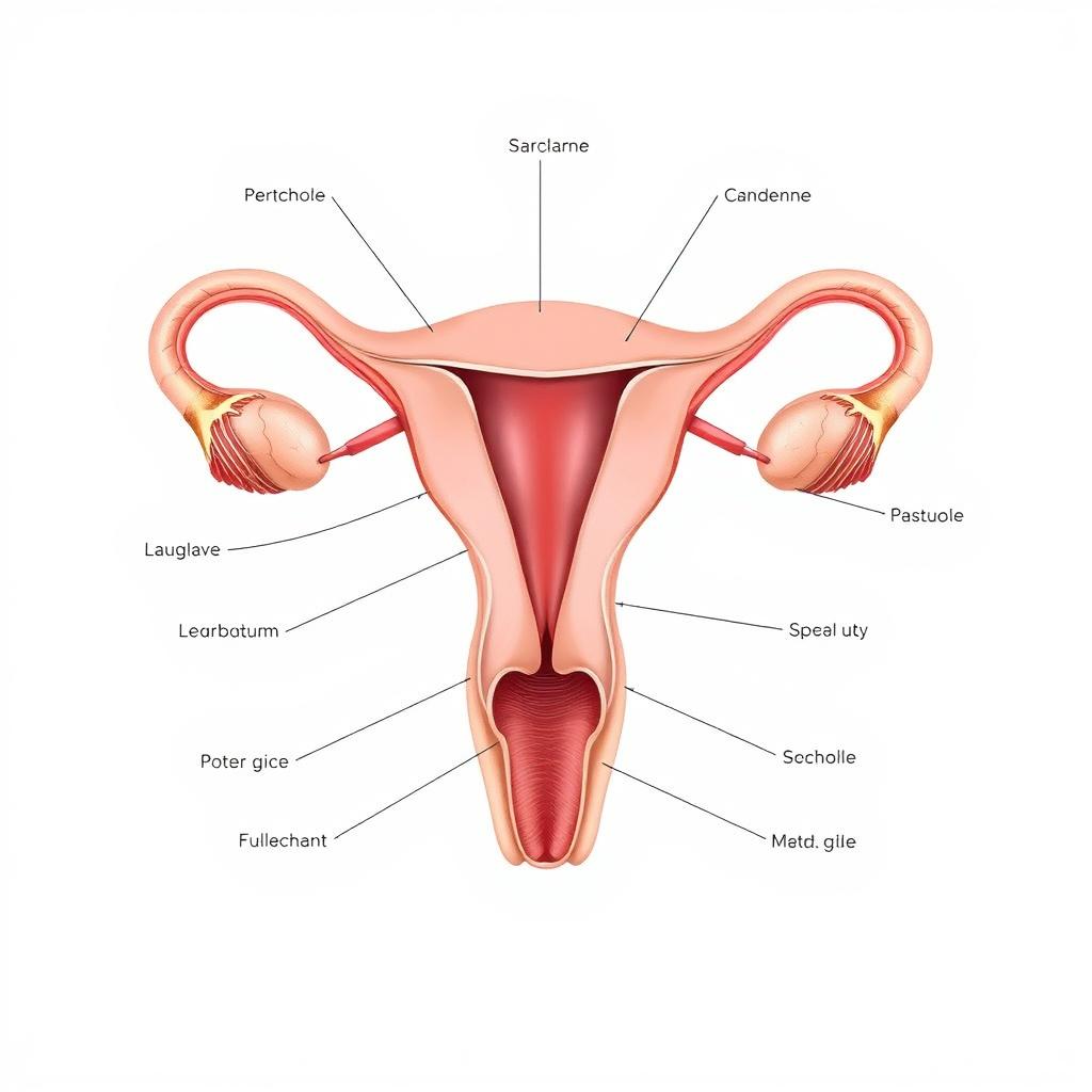 A detailed and educational anatomical illustration of the female reproductive system, focusing on the intricate details to provide a clear understanding of each part