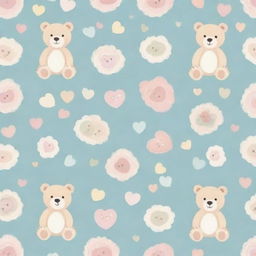 A delicate pattern featuring popular baby motifs, such as teddy bears, rattles, and hearts in soft pastel colors