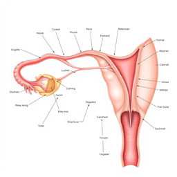 A detailed and educational anatomical illustration of the female reproductive system, focusing on the intricate details to provide a clear understanding of each part